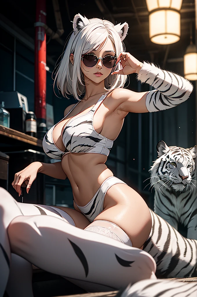 cyber punk, Frank Frazetta style, Perfect composition, One Woman, alone, Mature Woman,White Tiger Theme, Please raise your hand, Please raise your knees, stop temporarily, Low angle close up shot, Strong bloom in the background, Shine, Soft pink edge light, length, spiky white hair, White tiger ears, ((Big tits beauty))White tiger tail, White tiger fur stockings, small Shineing orange sunglasses, White tiger stripes, Perfect hands, High Contrast, Enhanced brightness, Strong top-down lighting