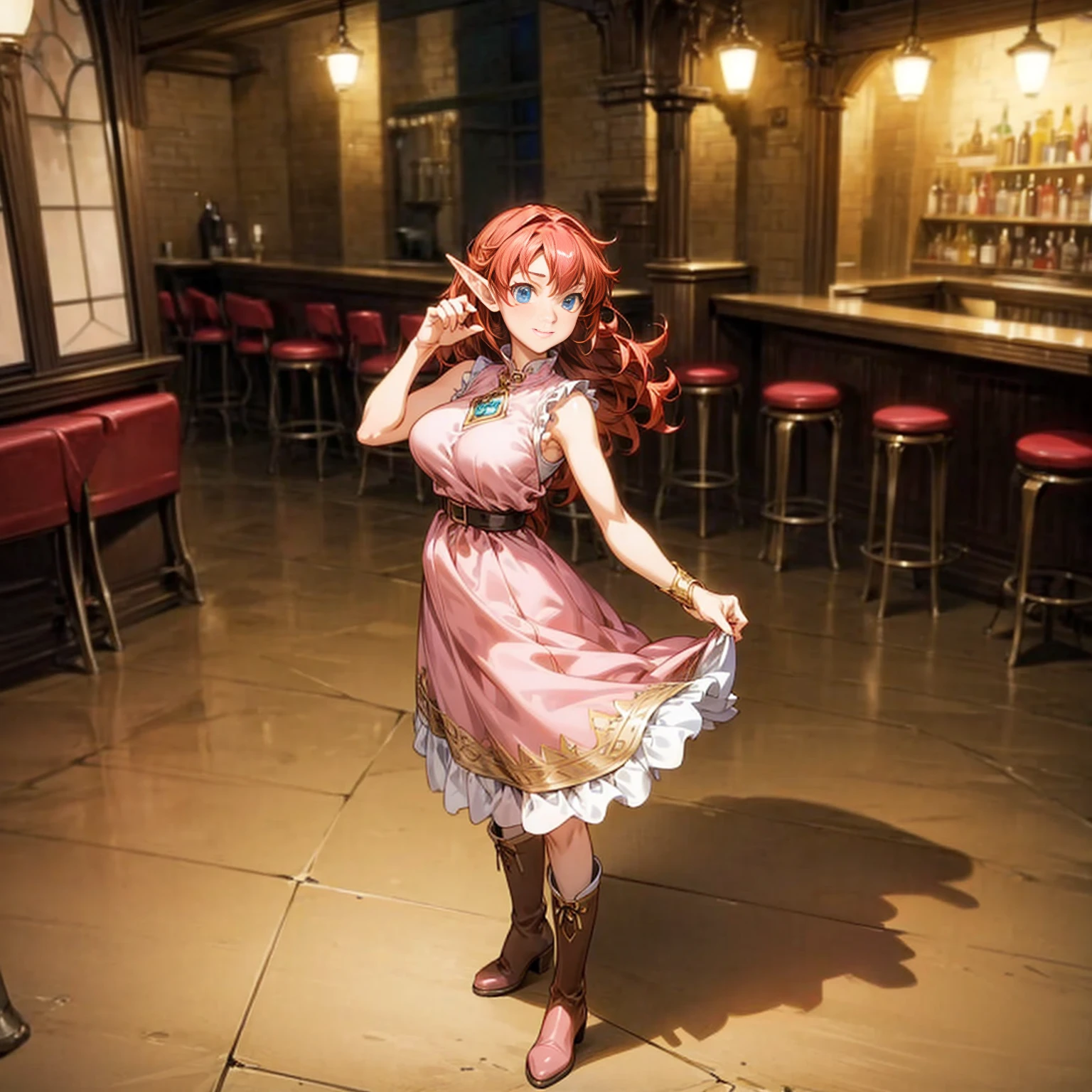 Solo character, full body version, girl, big breast, (elf), blue eyes, red color hair, long Curly hair, sleeveless dress, sexy dress, pink dress boots, indoor, bar, town, medieval, standing gesture, detailed background, detailed clothing, detailed hair, (Makoto shinkai style art), happy eyes 