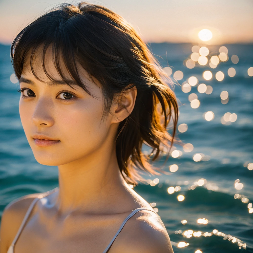 A hyper-realistic image of a single Japanese woman in her early 20s, captured with the nostalgic warmth and pronounced graininess of a film camera, showing her from the shoulders up as she stands on a sunlit beach. Her skin has a warm beige tone with a natural, visibly rough texture that includes pronounced pores, fine lines, and subtle imperfections such as small blemishes, slight unevenness, and a hint of sun exposure, contributing to the authenticity of her appearance. The texture of her skin is intentionally less smooth, with a tangible roughness that enhances the realism, making the surface appear slightly weathered by the elements. The soft, diffused natural light illuminates her face and shoulders with a gentle touch, casting shadows that subtly reveal the unevenness of her skin. Her straight, glossy black hair flows naturally in the ocean breeze, framing her face, and her deep brown eyes reflect the soft sunlight and the shimmering sea. The film camera effect amplifies the grain and texture, creating a warm, nostalgic atmosphere while maintaining the deliberately rougher, less polished texture of her skin. The composition, focused on her upper body, captures the serene elegance of the beach setting, highlighting the natural interaction of light and shadow on her skin. This combination of a rough, realistic skin texture, soft natural light, and the grainy film-like qualities ensures that the image presents an authentic, lifelike portrayal of the woman, centered on her face and shoulders.