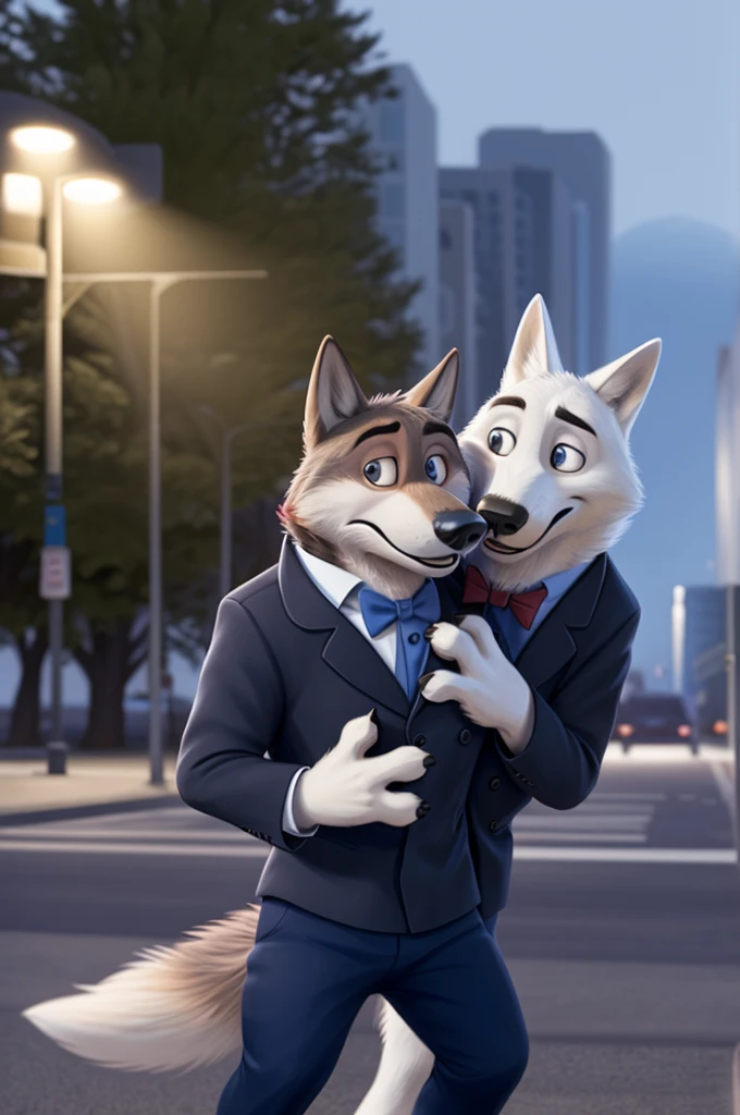 pair,Larry,Albert,Male, Male, (Zootopia), wolf, gray fur,White fur, (brown body:1.3),(white body:1.3),Blue eyes,brown eyes, Zootopia, dressed,blazer,белый blazer, shirt, red bow tie,blue bow tie, trousers,trousers, restored, , canine, wolf, detailed fur, Male, antro, paw pads, finger claws, waving, waving at viewer, 5 fingers, paws, 4 toesе,at viewer, 5 fingers, paws, 4 toes, hugs his father, loves his, Dad, 
BREAK from nextel, for dating, by xenoforge, (difficult, high detail, film photography, soft focus, RAW explicit cinema,
photorealism, realistic, photorealistic, digital style, subsurface scattering,red bow tie, Father, and son, 
masterpiece, Best quality, ultra realistic, 8 K)