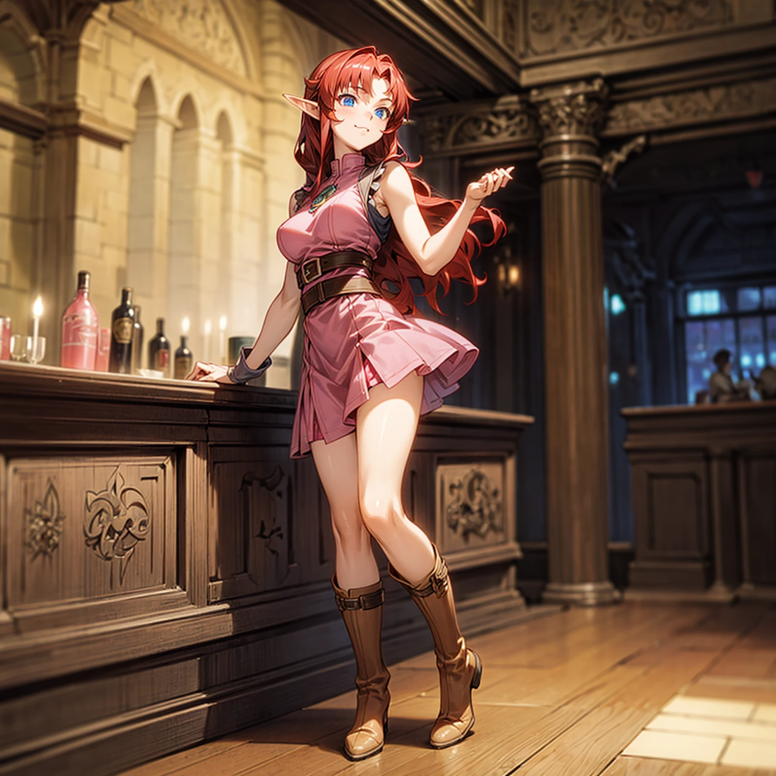 Solo character, full body version, girl, big breast, (elf), blue eyes, red color hair, long Curly hair, sleeveless dress, sexy dress, pink dress boots, indoor, bar, town, medieval, standing gesture, detailed background, detailed clothing, detailed hair, (Makoto shinkai style art), happy eyes 