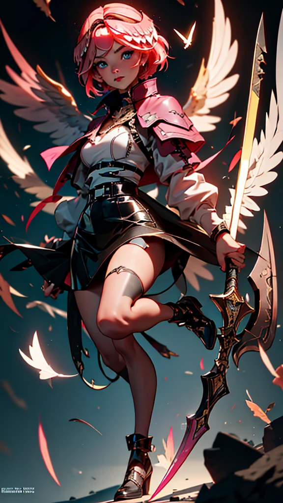 envision a 8k, highres, cinematic, beautiful full body concept art design sheet of a hawk woman with pretty mature features posing with a halberd with short pink hair, wings on head, a black shiny skirt, black tights, flight jacket, leather armor, magic effects in dark lighting, against a dark gray background