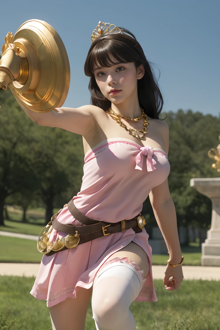 masterpiece, Highest quality, High resolution, hmpa1, pink, Parted bangs, Battle Tiara, Large Breasts, Golden Necklace, Exposing shoulders, Strapless Dress, Arm guard, belt, Blue Dress, White knee socks, Single knee socks, Outdoor, holding staff, staff, Hold a shield,Action pose