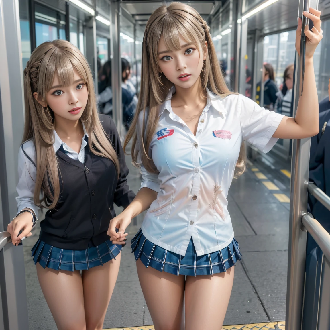 NSFW, 1. Landmine-type makeup gal, hetero, Gape mouth, Panty shot fetish images, ((wide shot, bokeh)), (short focus lens:1.4), (((Shibuya JK uniform style))), (((POV breast grab standing sex))), ((POV directly overhead above view standing on a train having standing upright sex with a girl a male viewer used both hands and lower abdomen pushing from front her hard against a train wall from directly above view:1.3)), directly above, super close Ecstasy face, Kissing Face, close up Ultra-detailed close-up of the inside of the mouth, photo realistic, 1girl, (Girl climaxing violently with her hair shaking:1.3), (ultra fine detailed half closed eyes, very erotic open mouth orgasming face), (((Masterpiece, Super realistic, fine details, Super Highest Quality, Very correct space setting, Super out-of-focus look))), young cute Asian girl, Japanese young KAWAII girl, For dark brown eyes, (((half down two side up pig tale hair style))), (blown ash highlight hair color:1.4), gals eye make-up, False eyelashes, glossy white lips, beautiful face, (dark brown eyes), (largish tear troughs:1.5), (very thick glossy white lip skin fang:1.0), (largish and glossy white lips:1.3), (super skinny blonde eyebrows:0.4), Skinny facial contours, ultra fine detailed eyes, open mouth, eyes half-closed, Girl looks down at her pussy, Expression of sexual ecstasy, ((White school open collar square tail hemmed shirt, Skirt inside the hem of the blue plaid pleated micro miniskirt thin look)),