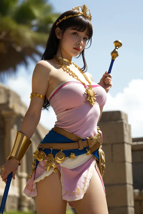 masterpiece, highest quality, high resolution, hmpa1, pink, parted bangs, battle tiara, large breasts, golden necklace, exposing...