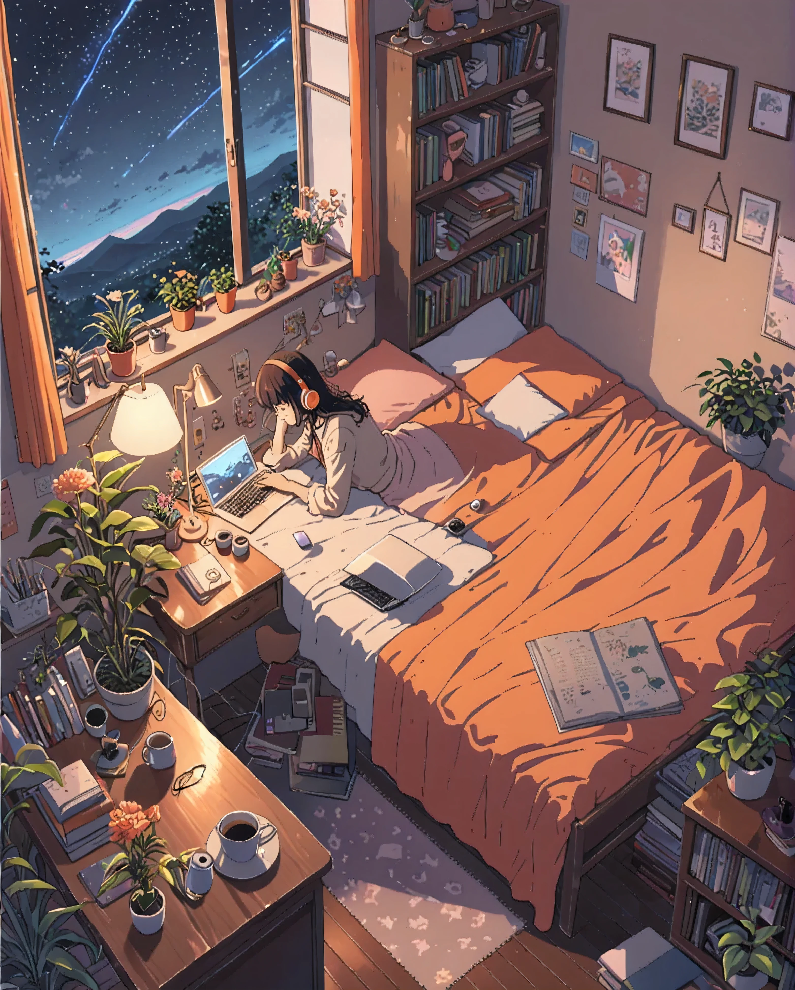 ((anime:1.4,illustration)),(masterpiece, top quality, best quality),(ultra-detailed, absolutely resolution),((16k, high res)). BREAK {lofi art, style of Laurie Greasley, style of Makoto Shinkai, anime aesthetic} BREAK {illustration of A girl is lying on her bed in a room, she is listening to music on her headphones and touching her cell phone, it is dark outside the window and the stars are shining, there are plants, a bed, a bookshelf, a study desk, a laptop computer, a coffee cup and a vase of flowers on the desk, the room is colorful with orange as the base color. A colorful room with a orange base}