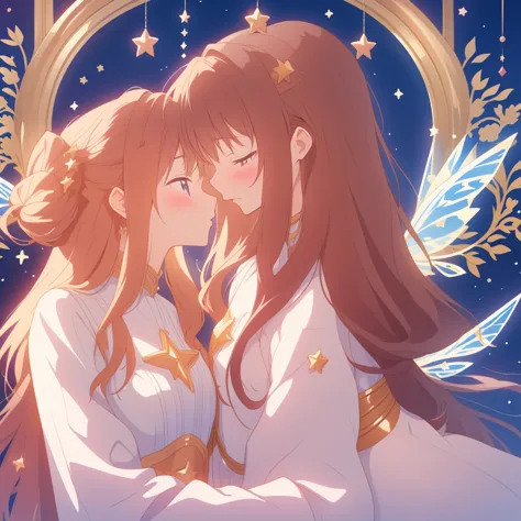 highest quality、masterpiece、official art、16k、super detailed、super beautiful、star fairy、couple photo. they are kissing.