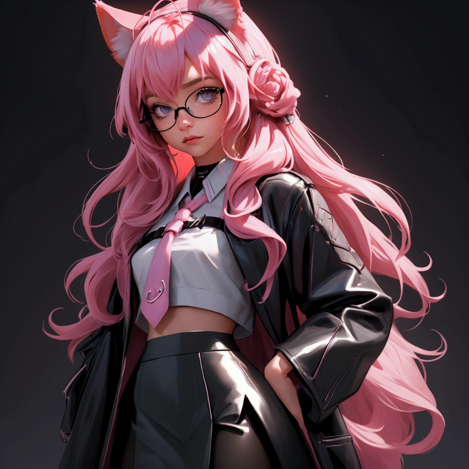 envision a 8k, highres, cinematic, beautiful close up portrait of a woman with pretty mature features with long pink hair, animal ears, a black shiny skirt, black tights, lab coat, hair ornaments, glasses, tail, in dark lighting, against a dark gray background