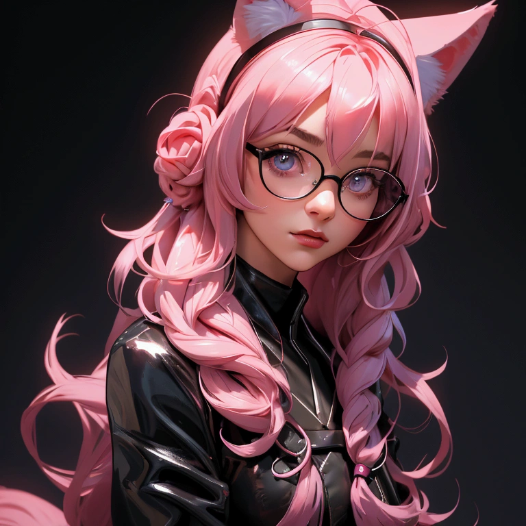 envision a 8k, highres, cinematic, beautiful close up portrait of a woman with pretty mature features with long pink hair, animal ears, a black shiny skirt, black tights, lab coat, hair ornaments, glasses, tail, in dark lighting, against a dark gray background