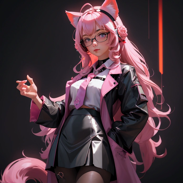 envision a 8k, highres, cinematic, beautiful close up portrait of a woman with pretty mature features with long pink hair, animal ears, a black shiny skirt, black tights, lab coat, hair ornaments, glasses, tail, in dark lighting, against a dark gray background