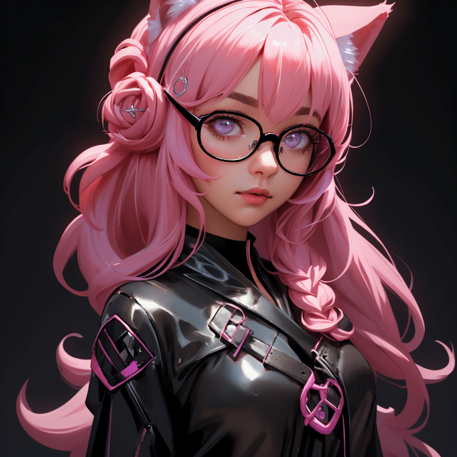 envision a 8k, highres, cinematic, beautiful close up portrait of a woman with pretty mature features with long pink hair, animal ears, a black shiny skirt, black tights, white lab coat, hair ornaments, glasses, tail, in dark lighting, against a dark gray background