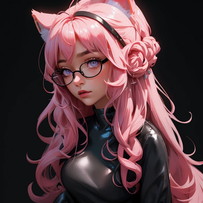 envision a 8k, highres, cinematic, beautiful close up portrait of a woman with pretty mature features with long pink hair, animal ears, a black shiny skirt, black tights, white lab coat, hair ornaments, glasses, tail, in dark lighting, against a dark gray background