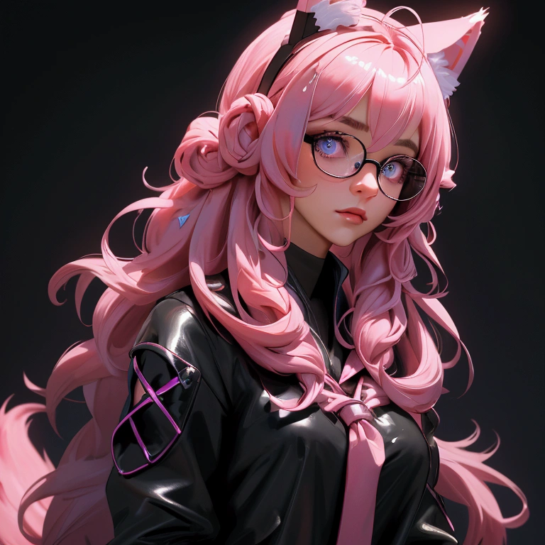 envision a 8k, highres, cinematic, beautiful close up portrait of a woman with pretty mature features with long pink hair, animal ears, a black shiny skirt, black tights, white lab coat, hair ornaments, glasses, tail, in dark lighting, against a dark gray background