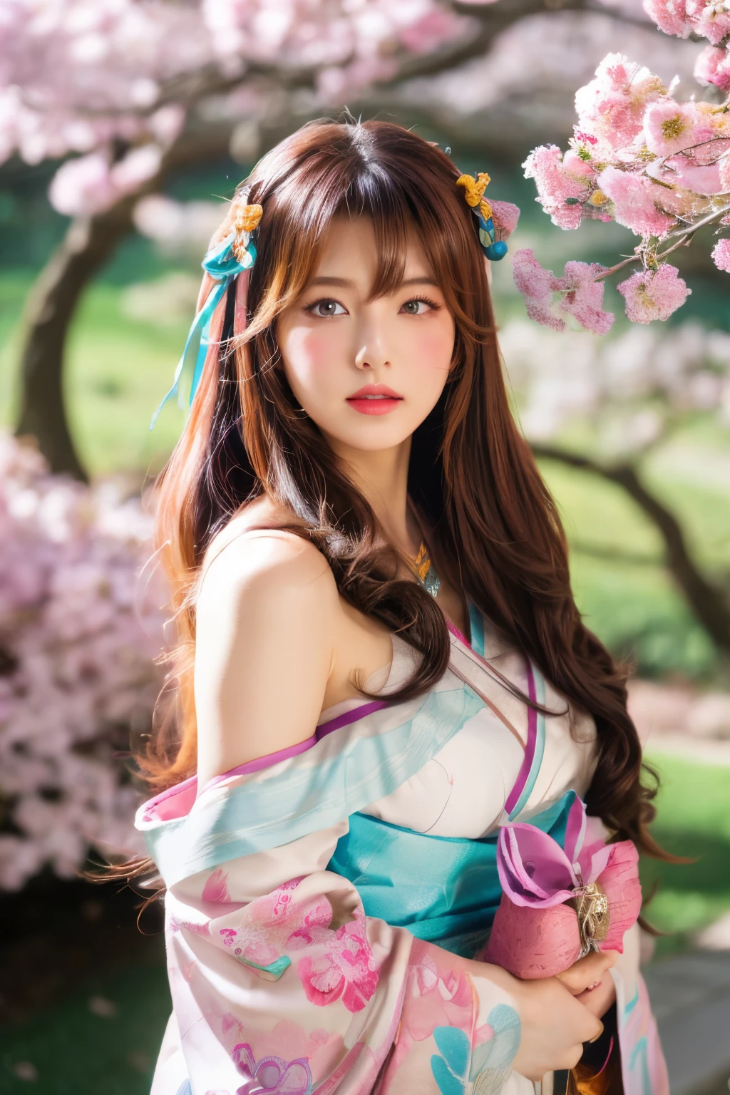 Ahri league of legends, ahri spiritual blossom, fully body, happy look, kimono, perfectbody, face detailed, high resolution, super detaill, 8k, Overview, with Japanese cherry trees 