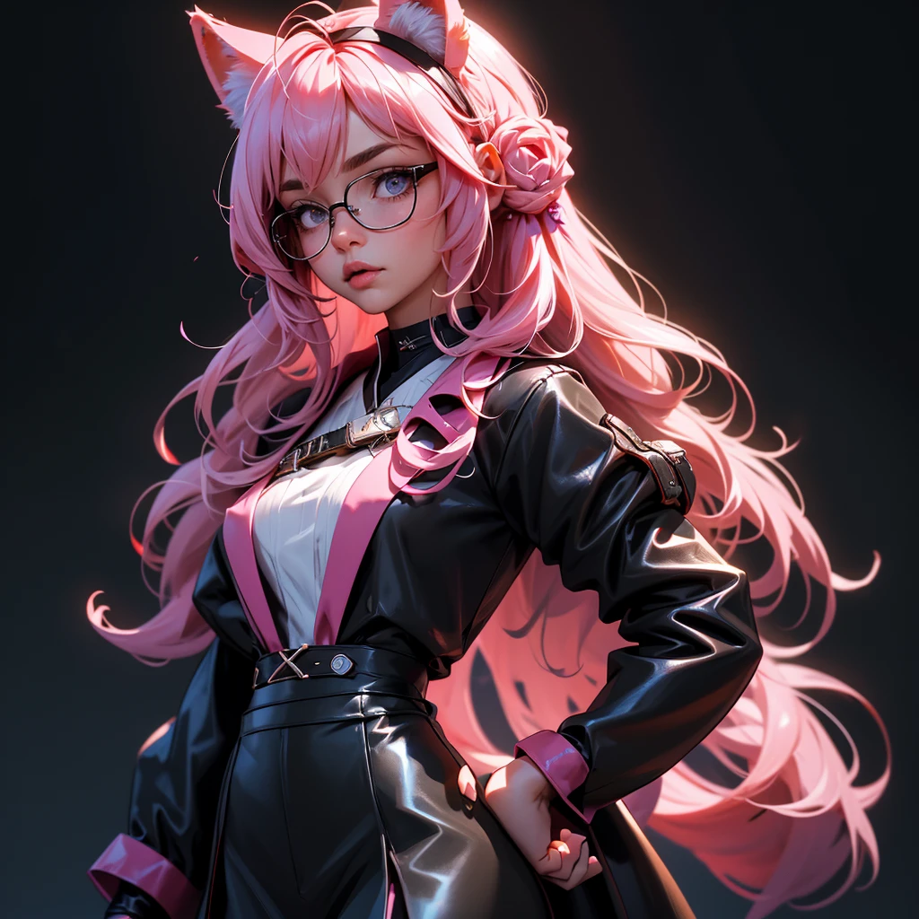 envision a 8k, highres, cinematic, beautiful close up portrait of a woman with pretty mature features with long pink hair, animal ears, a black shiny skirt, black tights, lab coat, hair ornaments, glasses, tail, in dark lighting, against a dark gray background