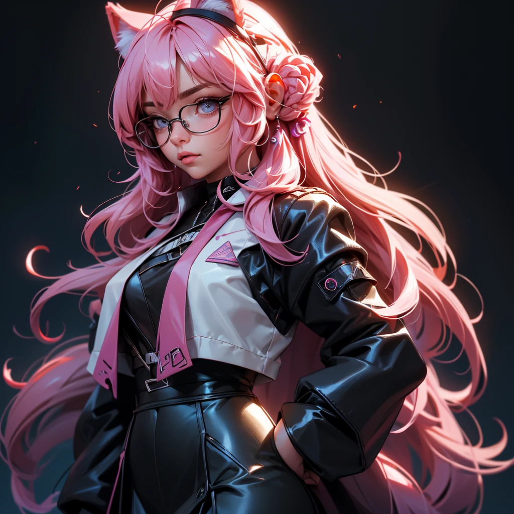 envision a 8k, highres, cinematic, beautiful close up portrait of a woman with pretty mature features with long pink hair, animal ears, a black shiny skirt, black tights, lab coat, hair ornaments, glasses, tail, in dark lighting, against a dark gray background