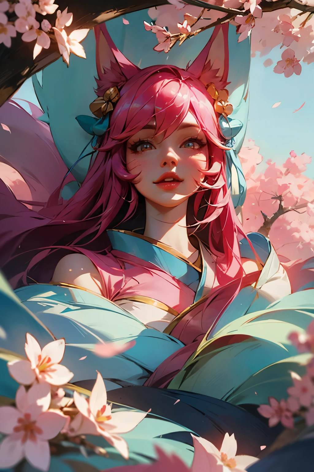 Ahri league of legends, ahri spiritual blossom, fully body, happy look, kimono, perfectbody, face detailed, high resolution, super detaill, 8k, Overview, with Japanese cherry trees 