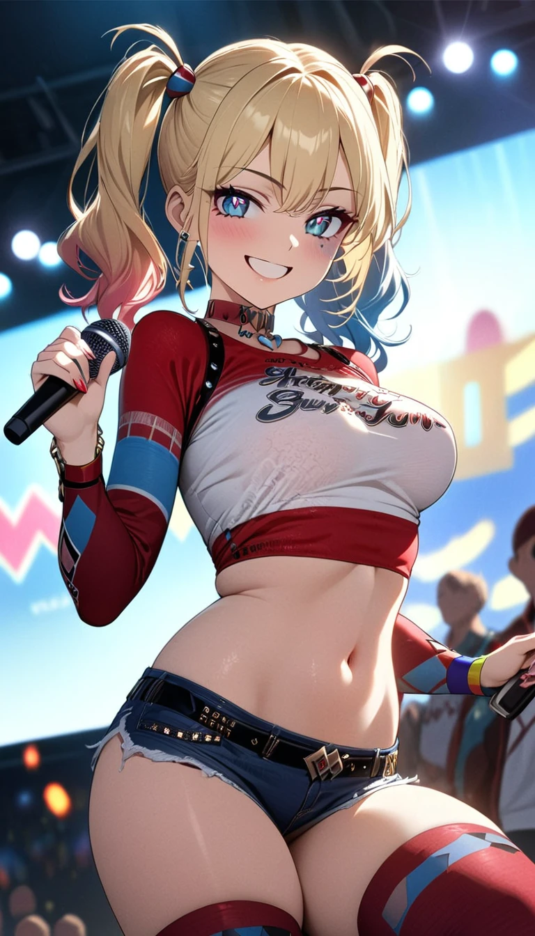 (masterpiece, top quality: 1.2), anime style, Super detail, Great lighting, (1 girl: 1.3), (High resolution:1.2),(​masterpiece、premium:1.2),very detailed eyes,, perfect face, very beautiful female body, big thighs, medium chest, good lighting, cowboy shot, Alone, 1 girl, (((happy face))), jumping , Look at the spectators, long blonde hair , twotails, harley quinn、blue eyes, short jeans, high thigh socks, cropped blouse, shows the navel, smiling happy, scenery, luces de scenery, microphone in hand