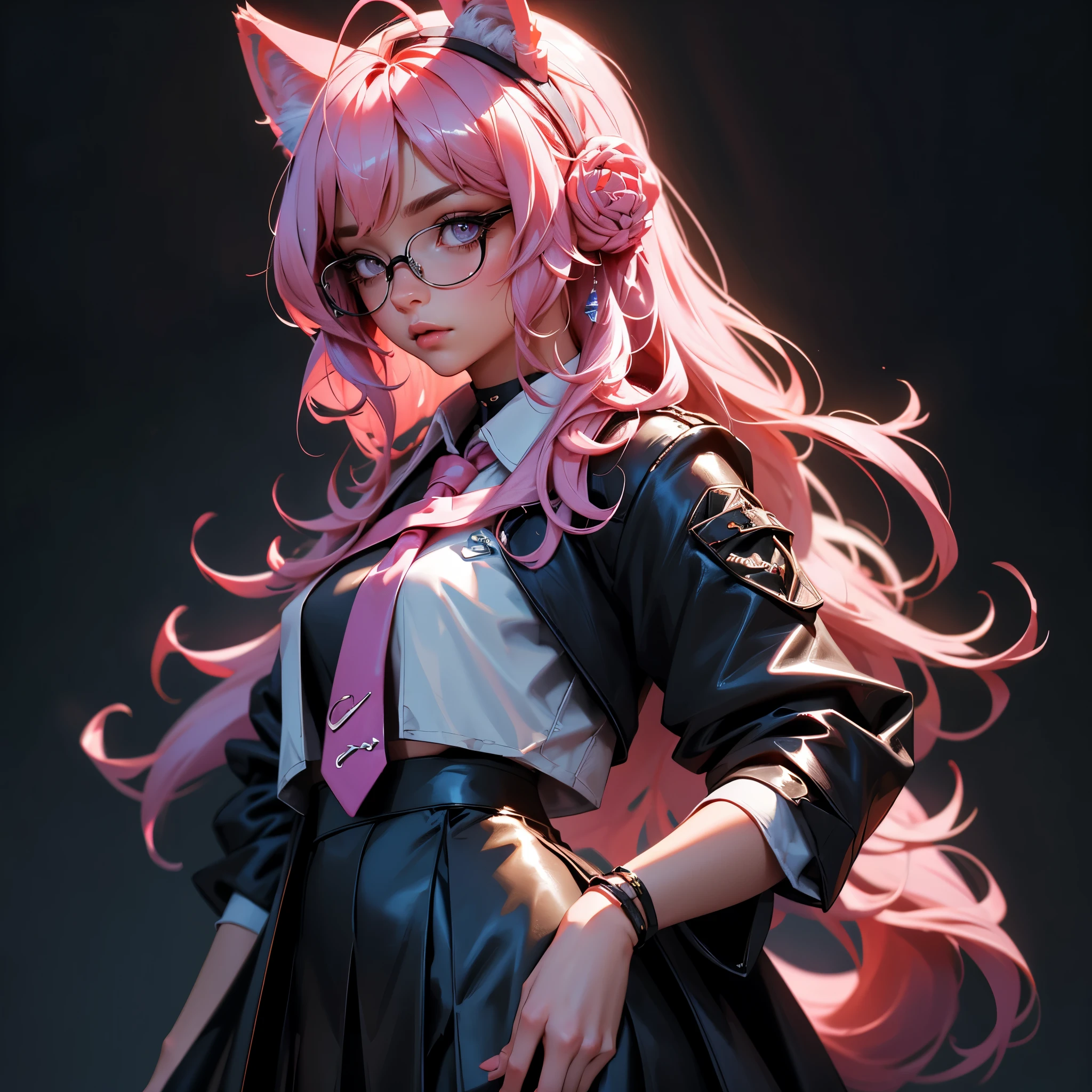 envision a 8k, highres, cinematic, beautiful close up portrait of a woman with pretty mature features with long pink hair, animal ears, a black shiny skirt, black tights, lab coat, hair ornaments, glasses, tail, in dark lighting, against a dark gray background