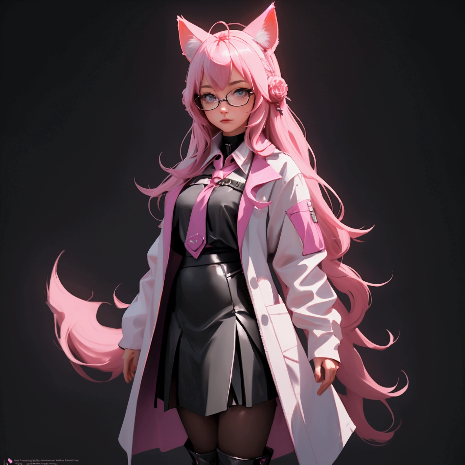 envision a 8k, highres, cinematic, beautiful full body concept art design sheet of a woman with pretty mature features with long pink hair, animal ears, a black shiny skirt, black tights, lab coat, hair ornaments, glasses, tail, in dark lighting, against a dark gray background