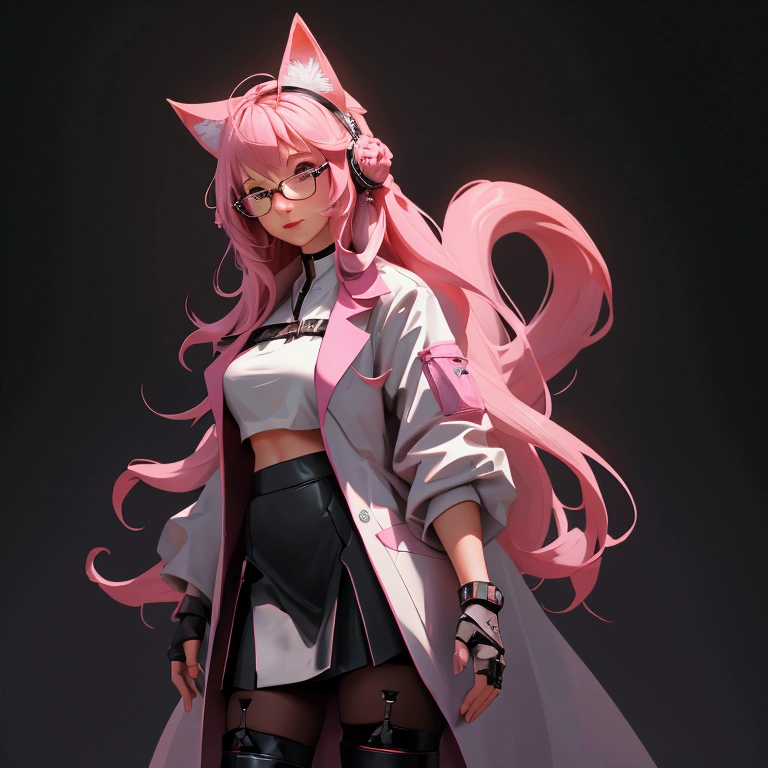 envision a 8k, highres, cinematic, beautiful full body concept art design sheet of a woman with pretty mature features with long pink hair, animal ears, a black shiny skirt, black tights, lab coat, hair ornaments, glasses, tail, in dark lighting, against a dark gray background