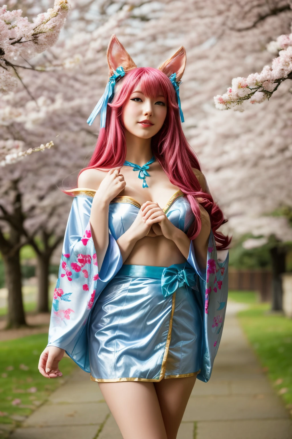 Ahri league of legends, ahri spiritual blossom, fully body, happy look, kimono, perfectbody, face detailed, high resolution, super detaill, 8k, Overview, with Japanese cherry trees 