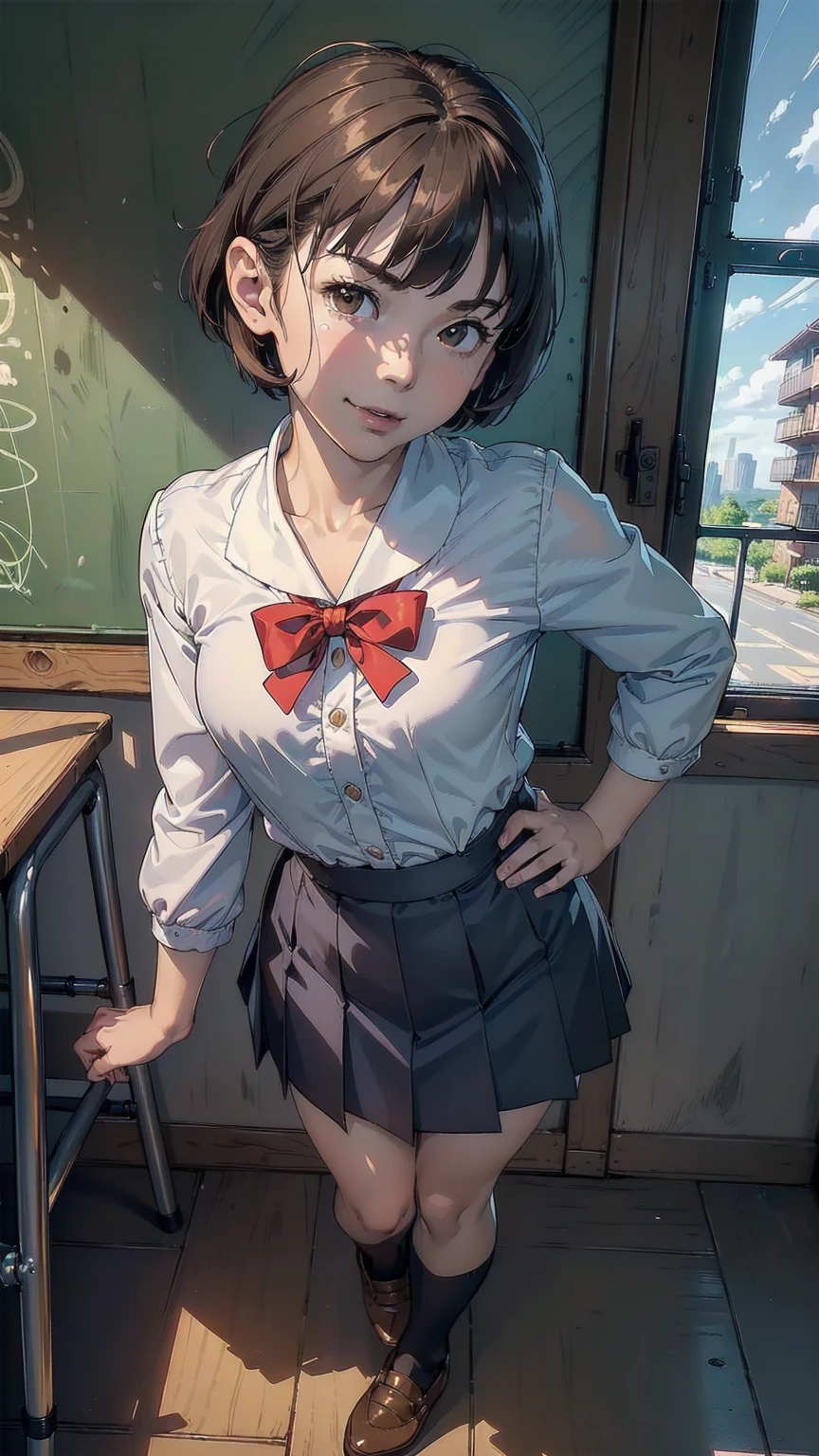 ((top quality, ultra-detailed, high resolution, extremely detailed CG, unity 8k wallpaper, by famous artist, perfect anatomy, super detailed skin, cinematic lighting, UHD, retina, anatomically correct, 1080P)), (Please draw a single one happy girl walking in a classroom school:1.3), a junior high school student, ((cute petit girl, chibi, babyface)) androgynous charm, ((1girl)), (( face:2.0), smile, ((Kiki)), ((short hair)), ((brown hair)), ((black eyes)), ((hair bow)), ((black dress)), ((brown footwear)), ((very thin legs)), ((skinny legs, thin body, small build)), Full limbs, complete fingers, ((perfect fingers and hands)), flat chest, small breasts, ((childish body:1.3)), small butt, groin, ((sailor school uniform)), ((blue skirt)). ((white blouse)), ((red bow on the blouse)), ((blue sailor collar)), short sleeves, stockings, socks outlined with black stripe, shoes, (Detailed Lighting), ((classroom background)), (Detailed scenary background), ((in the school zone)), full body view, ((standing)), legs. Cute, kawaii single girl (one girl), full body shot. ((Background is the school)), front body, ((A natural, correctly proportioned hands)), ((children:1.3))