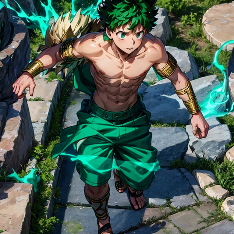 Izuku Midoriya, shirtless, green fur, sinful, green eyes, greek warrior, shirtless, Greek mythology, son of zeus, forest, Hunter.