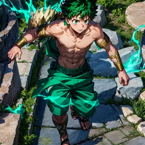 izuku midoriya, shirtless, green fur, sinful, green eyes, greek warrior, shirtless, greek mythology, son of zeus, forest, hunter...