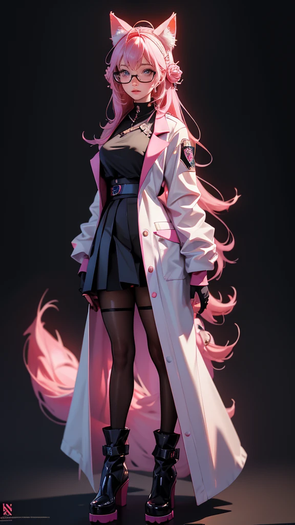 envision a 8k, highres, cinematic, beautiful full body concept art design sheet of a woman with pretty mature features with long pink hair, animal ears, a black shiny skirt, black tights, lab coat, hair ornaments, glasses, tail, in dark lighting, against a dark gray background