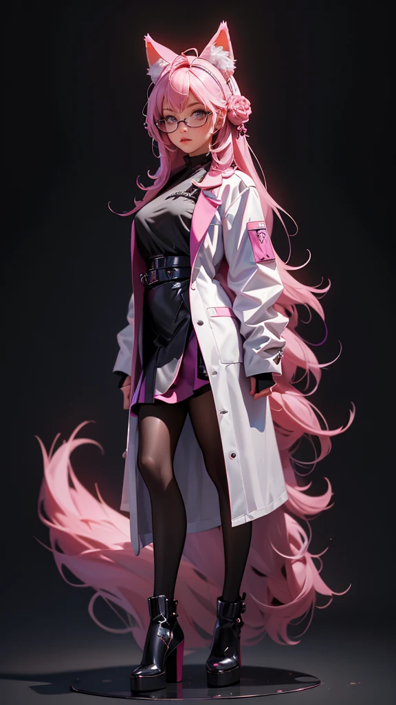 envision a 8k, highres, cinematic, beautiful full body concept art design sheet of a woman with pretty mature features with long pink hair, animal ears, a black shiny skirt, black tights, lab coat, hair ornaments, glasses, tail, in dark lighting, against a dark gray background