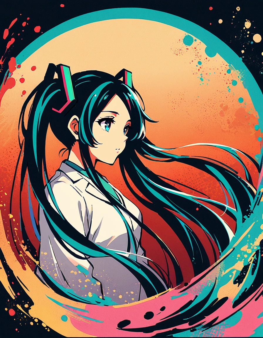 illustration, glitch art, Digital noise, hatsune miku, Deep and charming eyes, super detailed, Hatsune Miku wearing a white suit, American comic style, amazing moment，The girl in red, Back focus, flowing long black hair, Chinese painting, ink style. Four seasons, visual effects, Warm colors, Distortion-free composition, romantic, Smooth lines, flat canvas, HD textures, visual warmth, and tranquility.