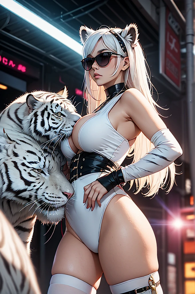 cyber punk, Frank Frazetta style, Perfect composition, One Woman, alone, Mature Woman,White Tiger Theme, Please raise your hand, Please raise your knees, stop temporarily, Low angle close up shot, Strong bloom in the background, Shine, Soft pink edge light, length, spiky white hair, White tiger ears, ((Big tits beauty))White tiger tail, White tiger fur stockings, small Shineing orange sunglasses, White tiger stripes, Perfect hands, High Contrast, Enhanced brightness, Strong top-down lighting