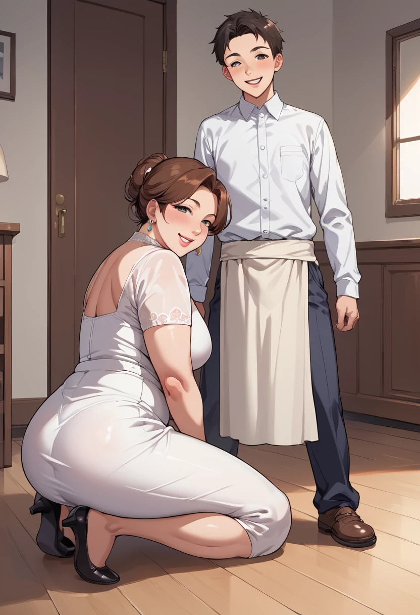 score_9, score_8_up, score_7_up, source_アニメ, 1boy standing dominate, 1girl kneeling in front the boy, mature female, milf and young man，young man , , smile, looking at viewer, The milf is kneeling, young man is standing ，，seduce the young man，lick the young man, white dress,thong， from behind, (focus on her hips)