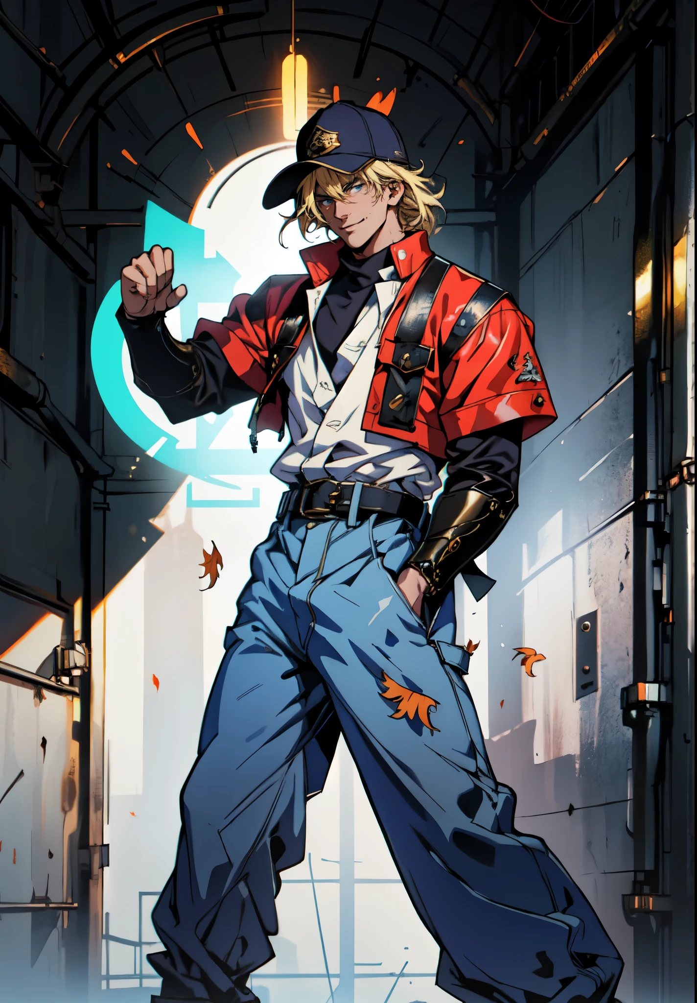 (masterpiece:1.2, best quality:1.2, extremely delicate:1.2), ((male:1.5)), a young man with blonde hair, wearing a red baseball cap backward, messy bangs windblown, a handsome face, a lazy gaze, a confident smile, a fantasy-realism style blue work vest jacket, underneath is a dark blue denim long robe with a long hem, a leather belt, loose coarse cloth trousers, strikes a kung fu pose in a horse stance, as fallen leaves are swept up by a whirlwind around him, this character embodies a finely crafted fantasy-realism style kung fu warrior in anime style, exquisite and mature manga art style, dramatic, high definition, highres, ultra-detailed, ultra-fine painting, professional, perfect body proportions, golden ratio, anatomically correct, symmetrical face, extremely detailed eyes and face, high quality eyes, creativity, RAW photo, UHD, 32k, Natural light, cinematic lighting, (masterpiece-anatomy-perfect:1.2)