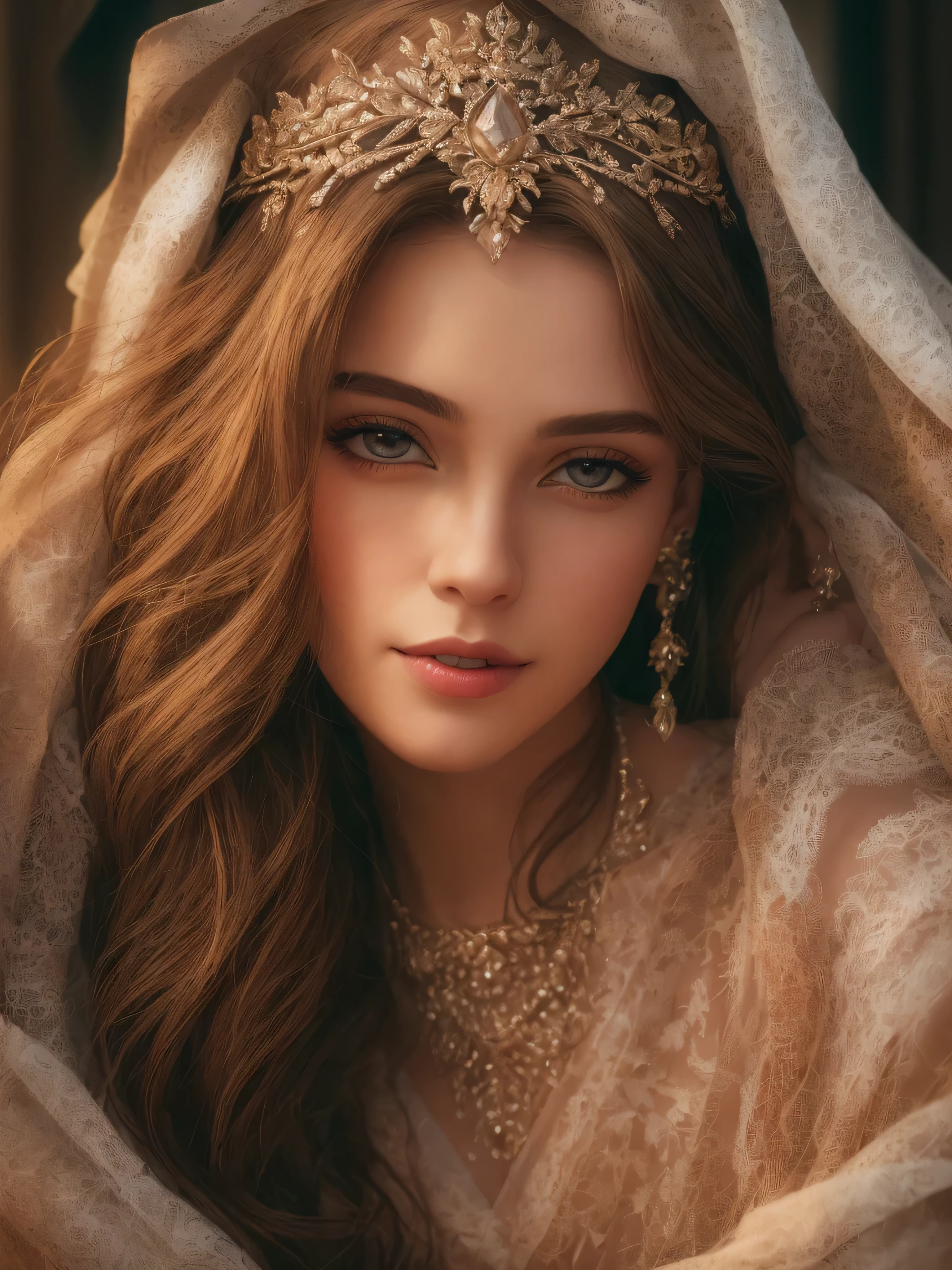 elegance versus eligance, 1girl, beautiful detailed eyes, beautiful detailed lips, extremely detailed face and portrait, delicate features, serene expression, long flowing hair, intricate jewelry, ornate headpiece, luxurious clothing, flowing gown, shimmering fabric, dramatic lighting, warm color palette, chiaroscuro, cinematic composition, photorealistic, 8k, hyper detailed, masterpiece, smiling