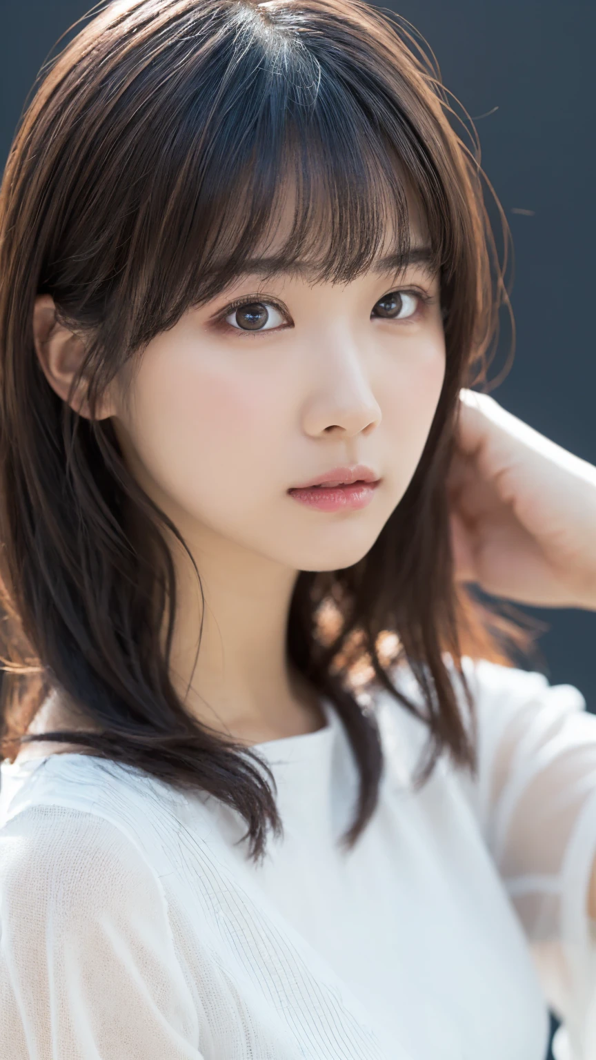 1 girl, (Spring is the time to wear casual clothes:1.2), Very beautiful Japanese idol portraits, 
(RAW Photos, Highest quality), (Realistic, Realistic:1.4), (masterpiece), 
Very delicate and beautiful, Very detailed, 2k wallpaper, wonderful, finely, Very detailed CG Unity 8K 壁紙, Very detailed, High resolution, Soft Light, 
Beautiful detailed girl, Very detailed目と顔, Beautiful and sophisticated nose, Big beautiful eyes, Cinema Lighting, 
(Simple light color background:1.3),
(Medium Hair), (Parted bangs), 
Complete Anatomy, Slender body,Big Breasts, Sensual look