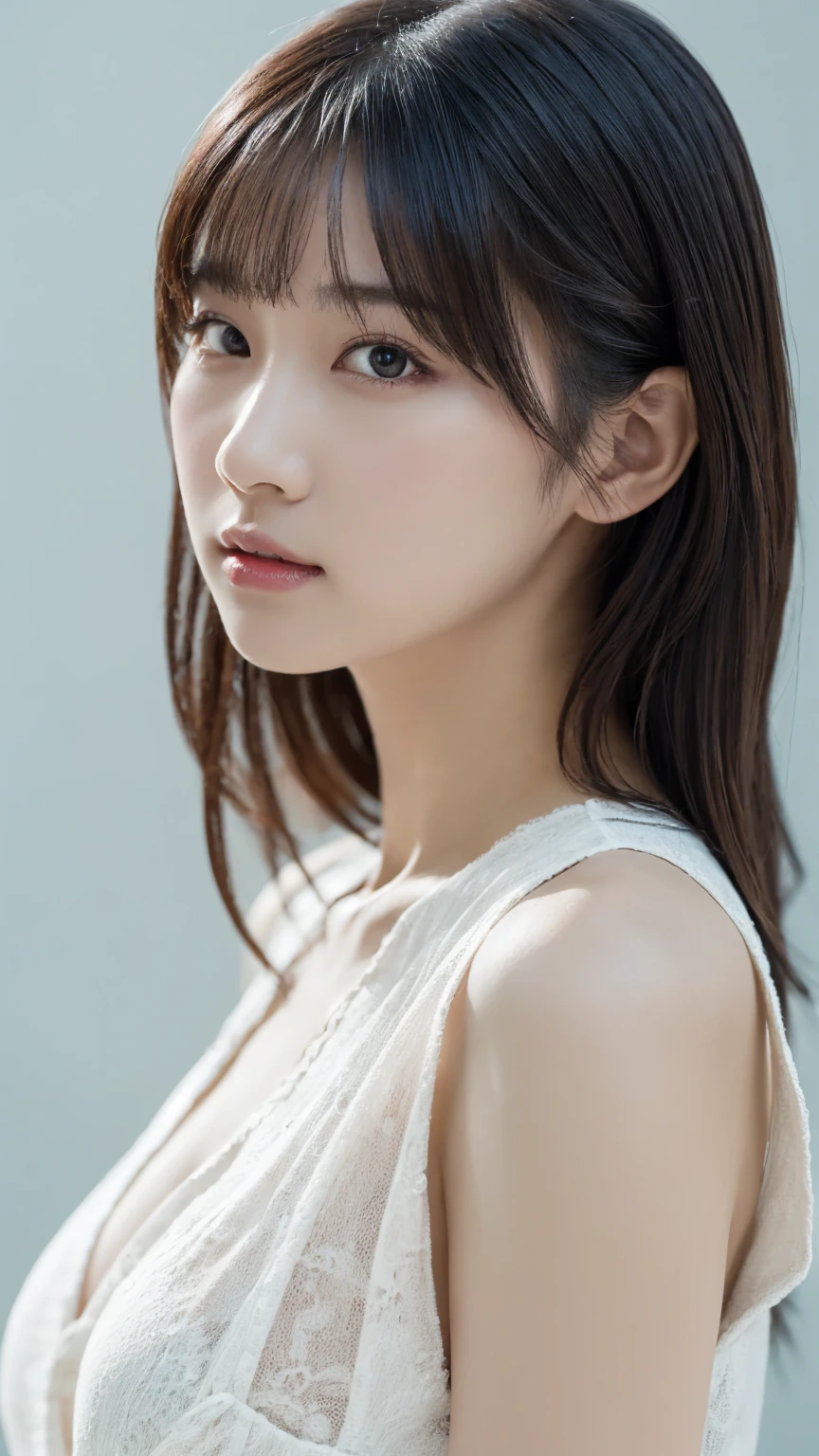 1 girl, (Spring is the time to wear casual clothes:1.2), Very beautiful Japanese idol portraits, 
(RAW Photos, Highest quality), (Realistic, Realistic:1.4), (masterpiece), 
Very delicate and beautiful, Very detailed, 2k wallpaper, wonderful, finely, Very detailed CG Unity 8K 壁紙, Very detailed, High resolution, Soft Light, 
Beautiful detailed girl, Very detailed目と顔, Beautiful and sophisticated nose, Big beautiful eyes, Cinema Lighting, 
(Simple light color background:1.3),
(Medium Hair), (Parted bangs), 
Complete Anatomy, Slender body,Big Breasts, Sensual look