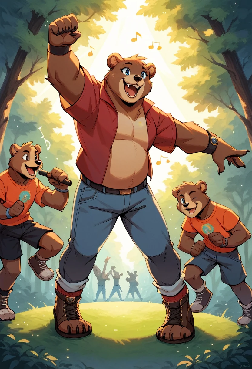 rating_safe, score_9, score_8_up, score_7_up, score_6_up, score_5_up, score_4_up, hires, source_furry(super cute 1girl, bear, pair)singing, dancing, waltz, boys, girls, forest, good lighting,