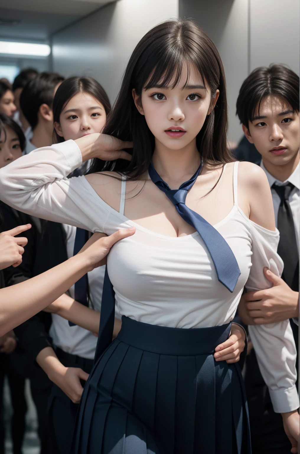 (Harassment:1.8) Japanese woman, Very large breasts, Excessive breast size, (White half-sleeved shirt,Dark blue tie,Pleated skirt, Dark Brown Shoulder Length Hair,Bangs,ear:1.2),Chest Grabbing, In the elevator, Grab your ass, Several men surrounded her and grabbed her breasts, Chest Grabbing, many hands, masterpiece, best quality, Very detailed, Harassment, A group of male high school students, crowd surf, very realistic face, very realistic eyes, A group of male high school studentsaround her, The one who grabbed her body, I hugged my chest tightly, Harassment, masterpiece, best quality, Very detailed, 1 girl, many hands, With the crazy crowd, Chest Grabbing, men around her, Squeeze the body, Many people cover their chests, getting beat up, Pulling clothes, Very damp and sweaty, grabbing clothes, (There were no women in the crowd:1.5), Man in a tie