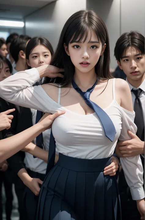 (harassment:1.8) japanese woman, very large breasts, excessive breast size, (white half-sleeved shirt,dark blue tie,pleated skir...