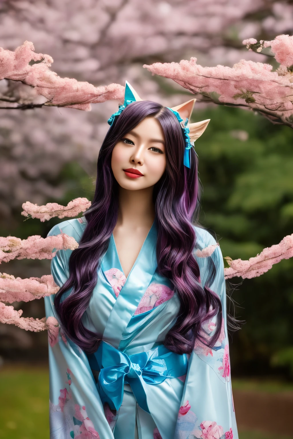 Ahri league of legends, ahri spiritual blossom, fully body, happy look, kimono, perfectbody, face detailed, high resolution, super detaill, 8k, Overview, with Japanese cherry trees 