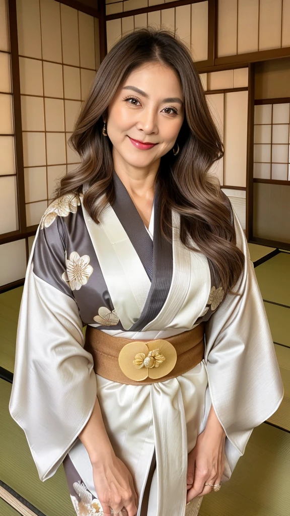 60 year old mature woman, Alone, Casual hair, Looking at the audience, (Orgasm face), Gray and white blonde hair, Brown eyes, Luxury gold jewelry, Full body, (((Looks apical kimono fashion, beautiful and sexy))), Realistic, Sexy, beautiful color, perfect skin, 3 breast sizes. (Realistic, high resolution), photo size 3:4, 1 cute sexy mature woman, expressive big brown eyes, happy, ( 8K, raw photo, Best quality, High detail, curvaceous shape, curvaceous body, full body from the tip head to toe, smile Incredible Pleasure, (((Background Typical Japanese house))),