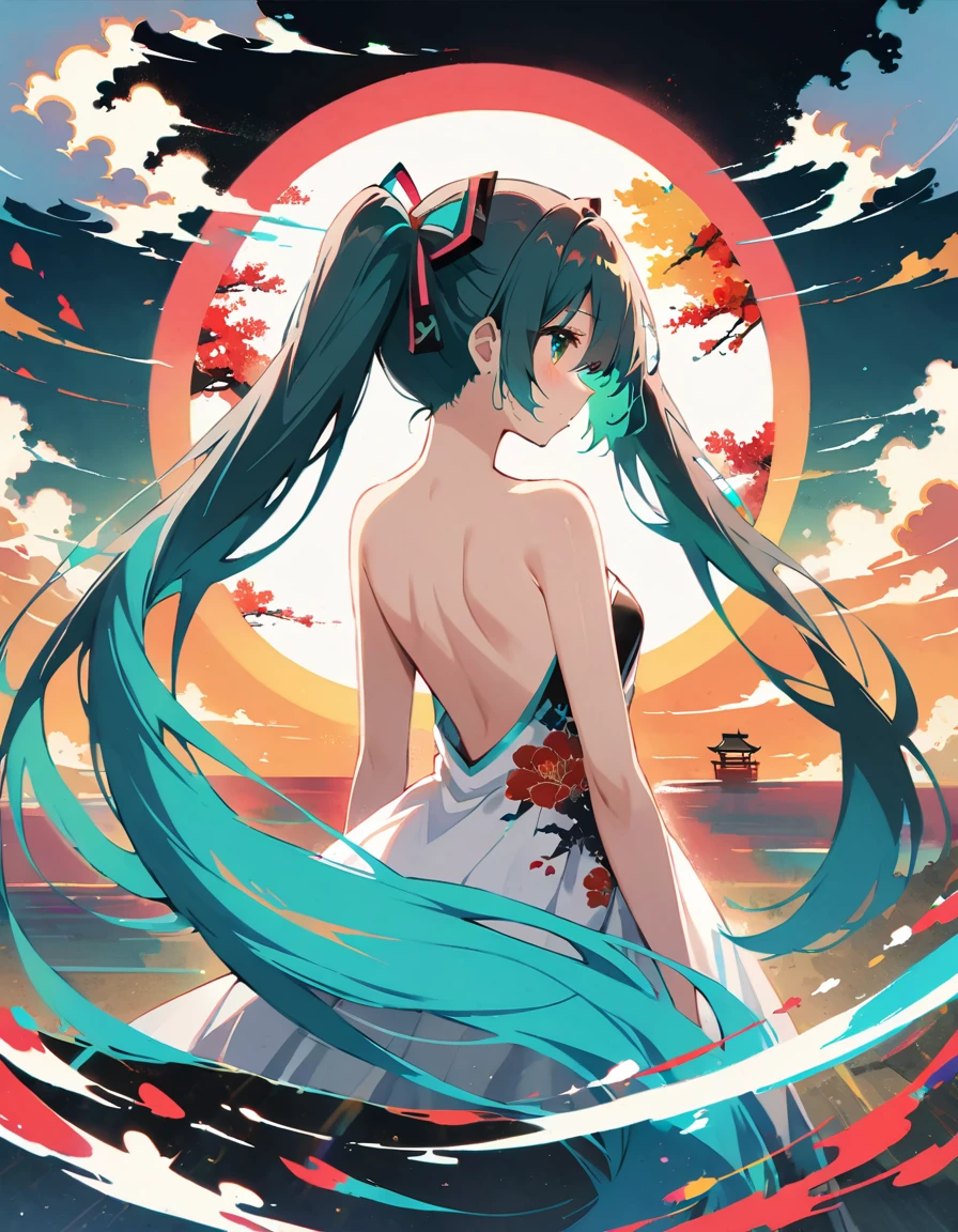 illustration, glitch art, Digital noise, hatsune miku, Deep and charming eyes, super detailed, Hatsune Miku wearing a white suit, American comic style, amazing moment，The girl in red, Back focus, flowing long black hair, Chinese painting, ink style. Four seasons, visual effects, Warm colors, Distortion-free composition, romantic, Smooth lines, flat canvas, HD textures, visual warmth, and tranquility.