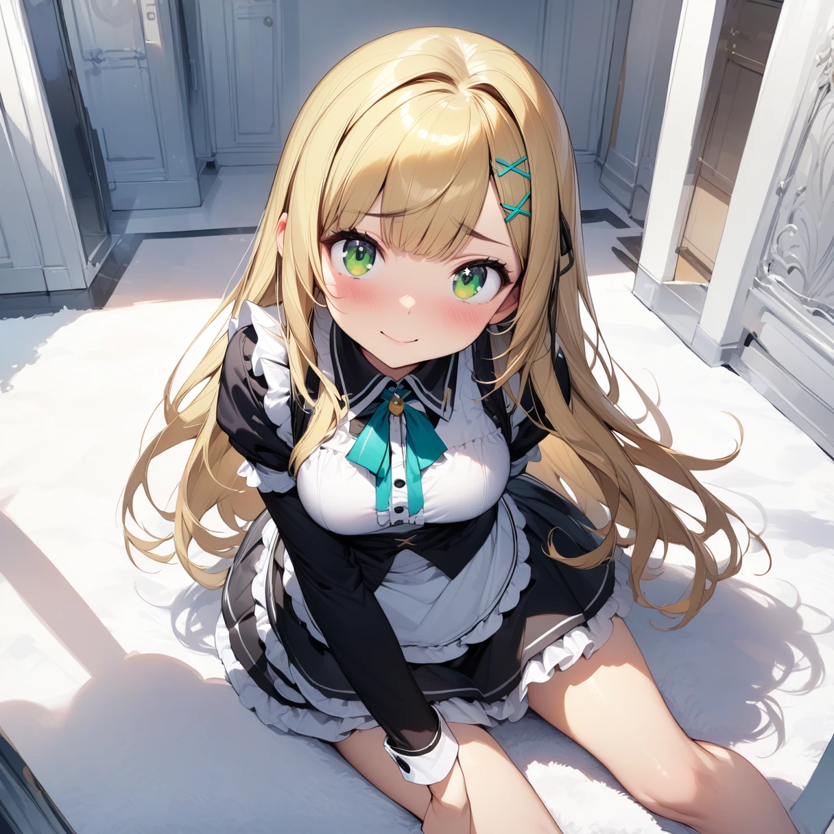 (masterpiece), (Highest quality), High resolution, (Very detailed), (Best illustrations), (Best Shadow), (so beautiful), (very cute), 
(Highly detailed face), Round face shape, 

Blonde, Yellow shiny hair, Long Hair, bangs, Hair Clip, Big eyes, Green Eyes, Round Breasts, Iris, 
smile, Embarrassed, 

Maid clothes, Short skirt, ribbon, 

(White Background), (White room), (White carpet), panoramic,  

stand, Open legs, View from the front,