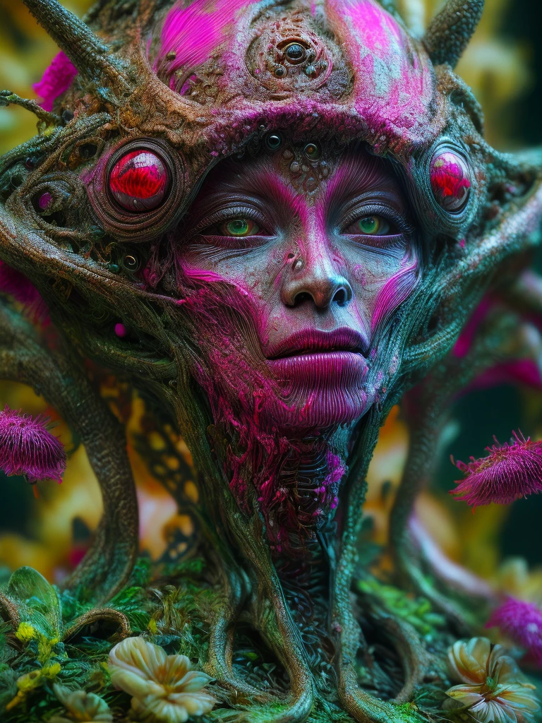 A highly detailed, hyper-realistic macro photograph of an horrible alien creature from space, terraforming and surrounded by alien flora, in the style of Miki Asai, with a sharp focus, studio lighting, intricate details, incorporating hot pink and neon green, trending on Artstation, by Greg Rutkowski, with a detailed, lifelike face, detailed skin, full focus, attention to detail, intricate, moist and alive-looking full form, masterpiece, blood dripping from eyes and mouth, Realistic Cinematic Portrait, cinematic photography, intricate, Ultra HD, full focus, attention to detail, octane rendering, trending on art station, highest level of quality, masterpiece+