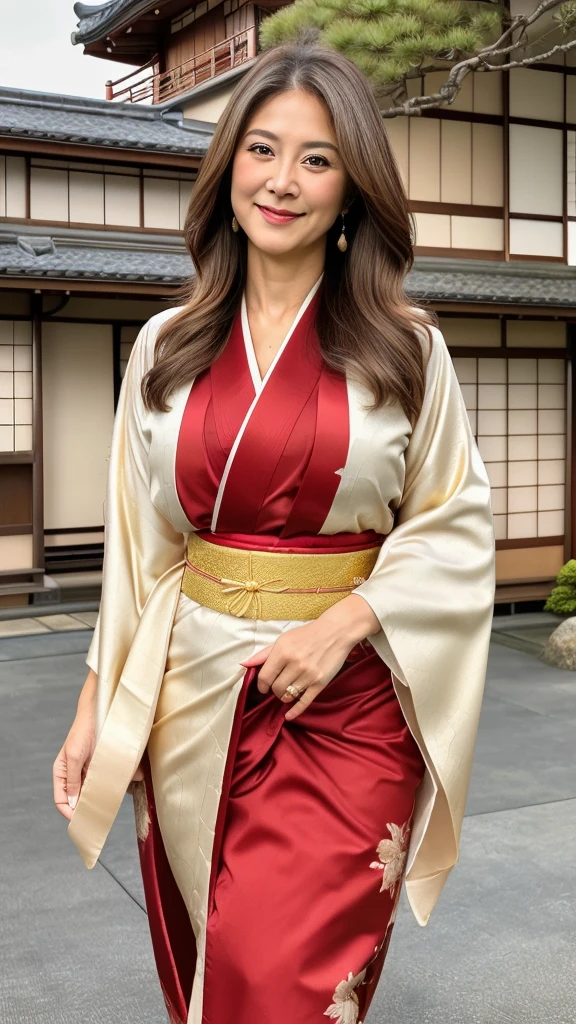 60 year old mature woman, Alone, Casual hair, Looking at the audience, (Orgasm face), Gray and white blonde hair, Brown eyes, Luxury gold jewelry, Full body, (((Looks wearing sexy japanese kimono dress red, beautiful and sexy))), Realistic, Sexy, beautiful color, perfect skin, 3 breast sizes. (Realistic, high resolution), photo size 3:4, 1 cute sexy mature woman, expressive big brown eyes, happy, ( 8K, raw photo, Best quality, High detail, curvaceous shape, curvaceous body, full body from the tip head to toe, smile Incredible Pleasure, (((Background Typical Japanese house Front yard of the house))),