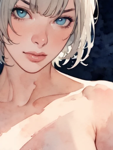 (masterpiece:1.2, Highest quality),8k,wallpaper,(((watercolor))),(Milla Jovovich), Upper body close-up,front,short hair,topless,Perfect Eyes,Detailed face,,Sexy look,Cool woman,),((Dark room background))