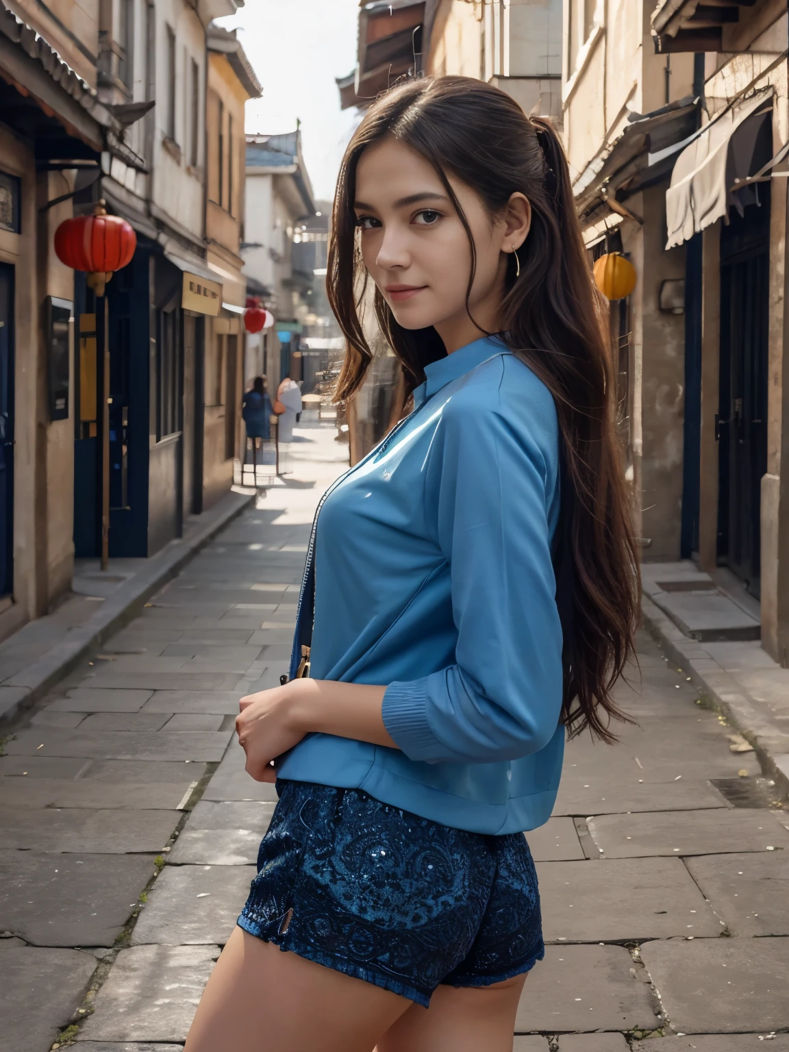 {Ultra-realistic, 4k, professional photo, age 19, 1girl, slim body},{Long hair, shy smile, HDR, detailed face,oval face shape},{cloth: intricate jacket, inner T-shirt, intricate fashion shorts, intricate earring}, {dynamic sexy pose}, {Masterpiece, (lighting), (1solo),  Chinese street, blue sky, realistic background, realistic photo}, take picture from side,