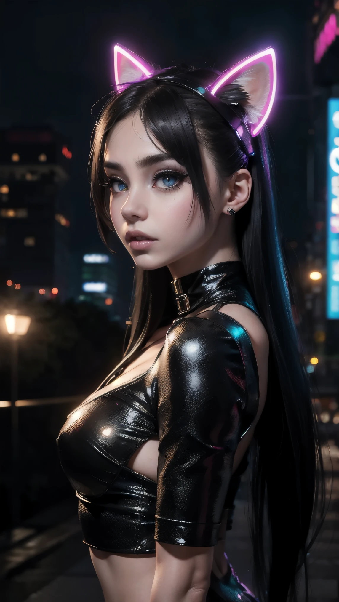 masterpiece, Best Quality, high angle, city at dusk, 1 girl, alone, Pale skin, Profile 3/4, cat ears, cybernetic arms, neon lights on their clothes and cybernetic augmentations, 3D, hyperrealistic, realist, young girl, sexy, beautiful face, cyberpunk kitty ears, cyberpunk style, beautiful, showy, selfie, neon lights, intricate details, smooth skin, hyperrealistic, side glance, foreshortening, 8k extremadamente detallado, seeds, High resolution, ultra quality, very detailed cat eyes, very detailed mouth, Very detailed face, Perfect eyes, the eyes are like a cat&#39;s, true light, Glare, iridescent, global illumination, real hair movement, neon city light, real shadow, The real way, High Definition, 2k, 4k, 8k, 16k, luz realist, bright Eyes, purple eyes, fluorescent eyes, neon light